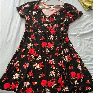 No Boundaries Black Floral Wrap Midi Dress with Red & White Blooms